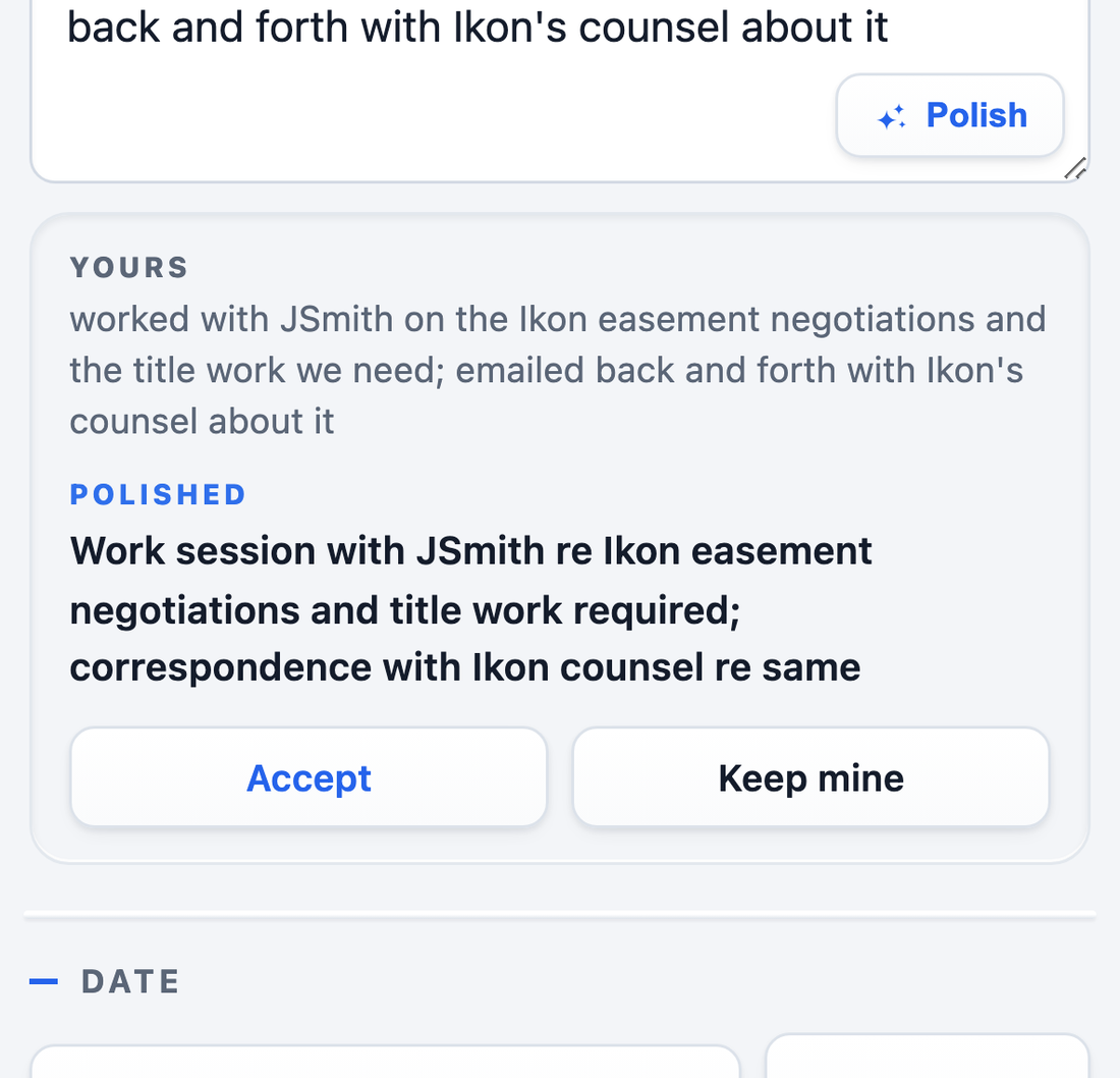 Polish before-and-after card: the rough summary-judgment note above the polished semicolon-separated version, with Accept and Keep mine buttons