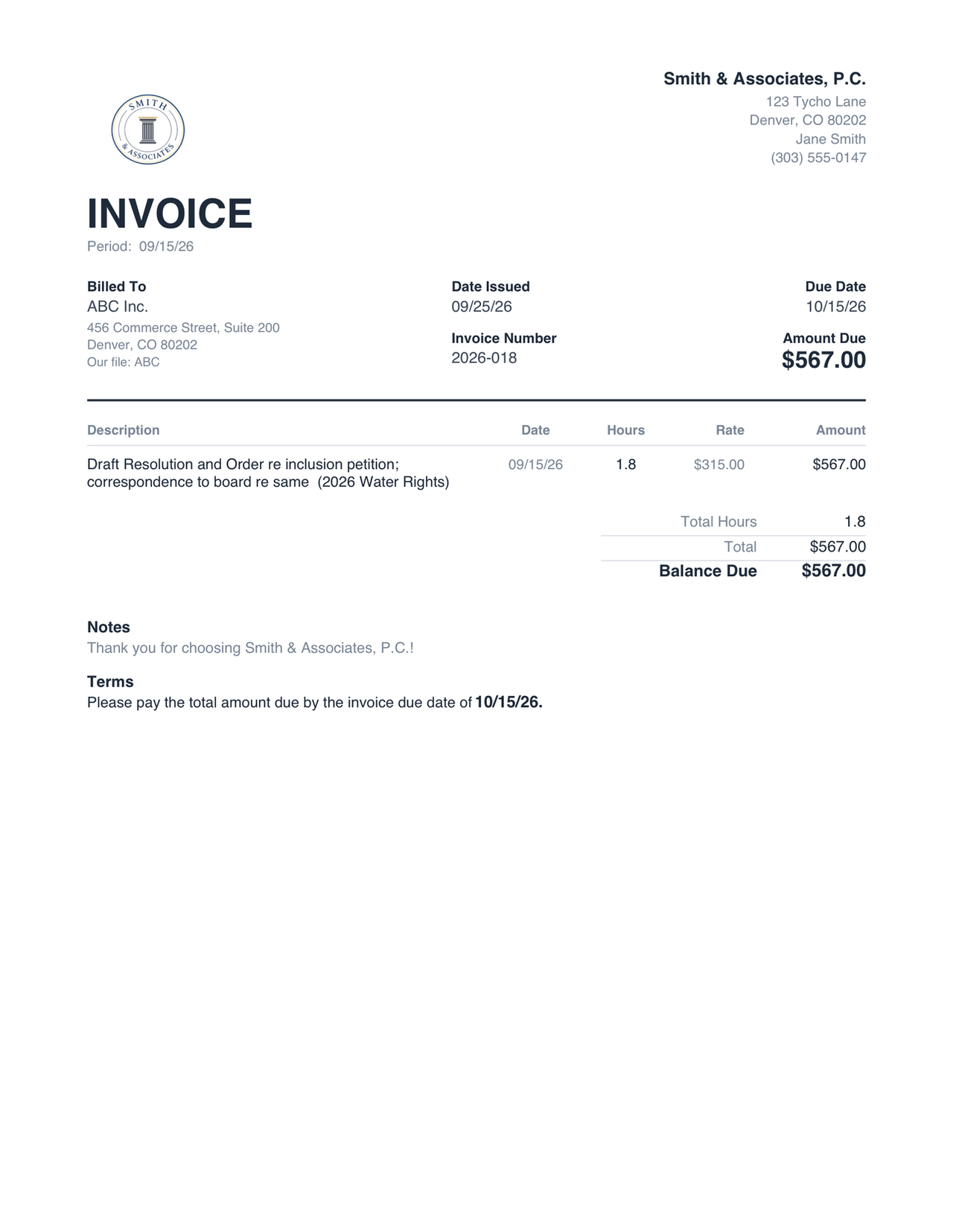 A Letterhead-style OnPoint invoice: logo and firm block at top, billed-to details, itemized entries with dates, hours, rate and amounts, and balance due