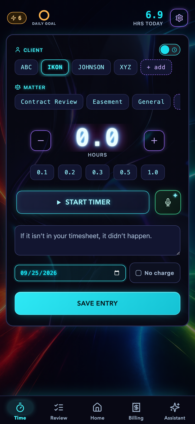 The capture screen in the dark theme: near-black background with neon accents
