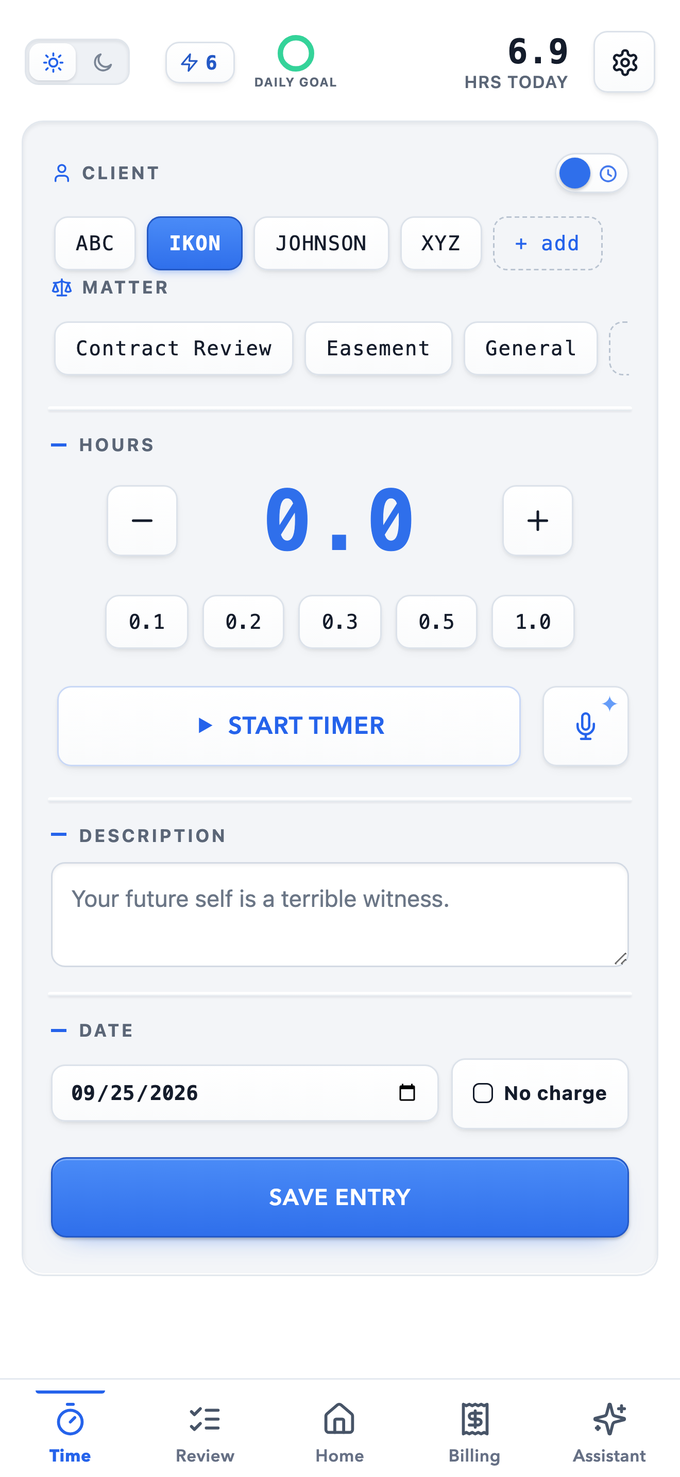 The capture screen in the Studio theme: white, with the entry in a recessed tray and a blue Save Entry button
