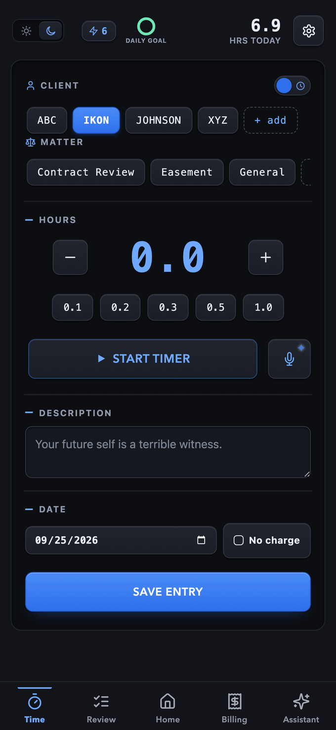 The capture screen in Studio’s Midnight shade: near-black, with the same tray and a blue Save Entry button
