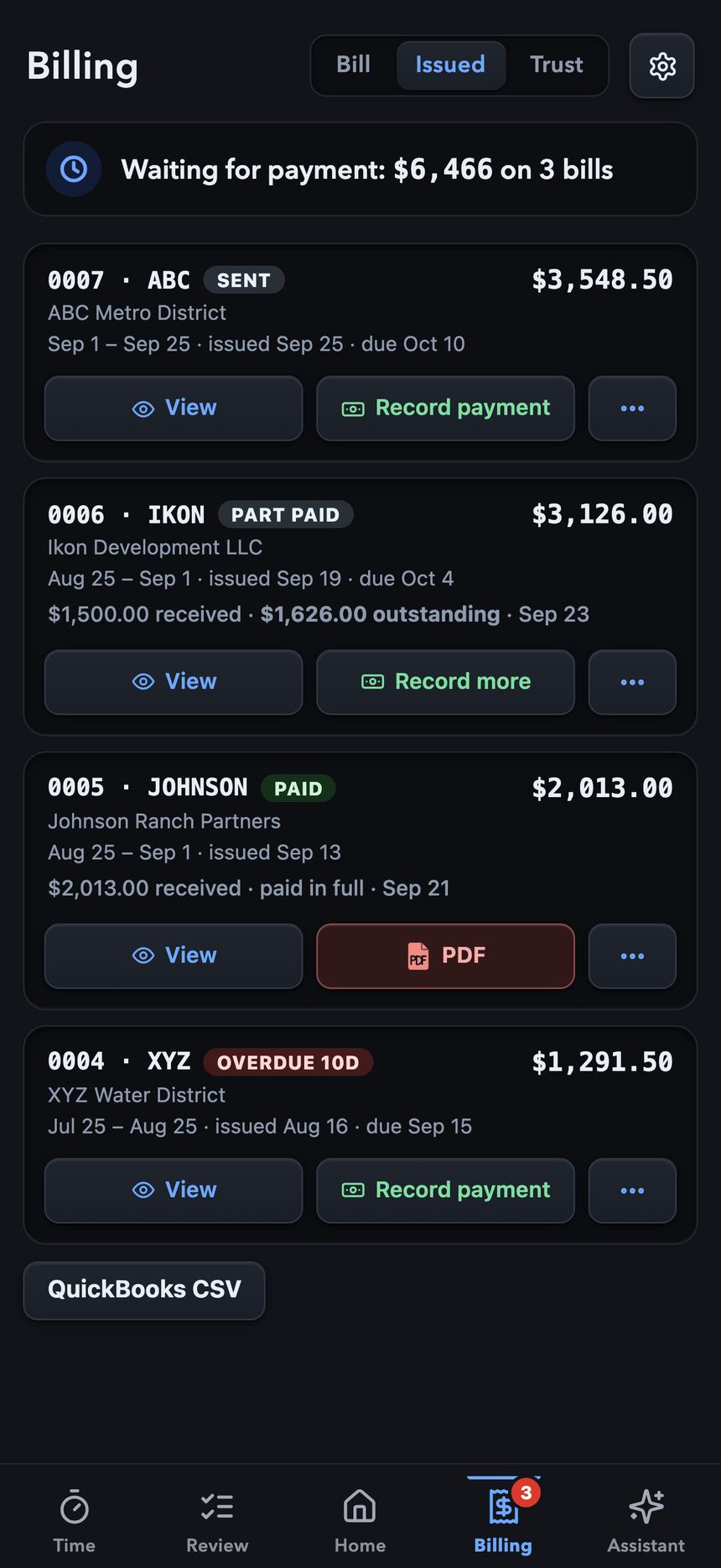 Issued firm bills with Sent, Part paid, Paid and Overdue badges, View and Record payment on each, and Word, PDF and Excel under the more button