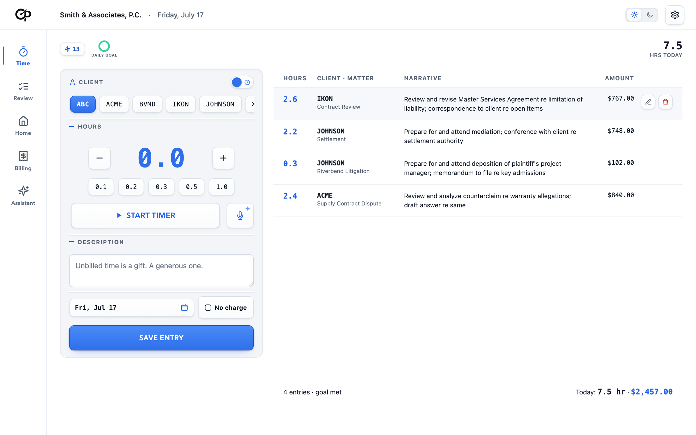 OnPoint on a computer: the five tabs down the left side, the capture card with client chips, hour buttons, Start Timer and a dictation button, and the day's entries as a table with client, matter, narrative and amount, totaling 7.5 hours and $2,457